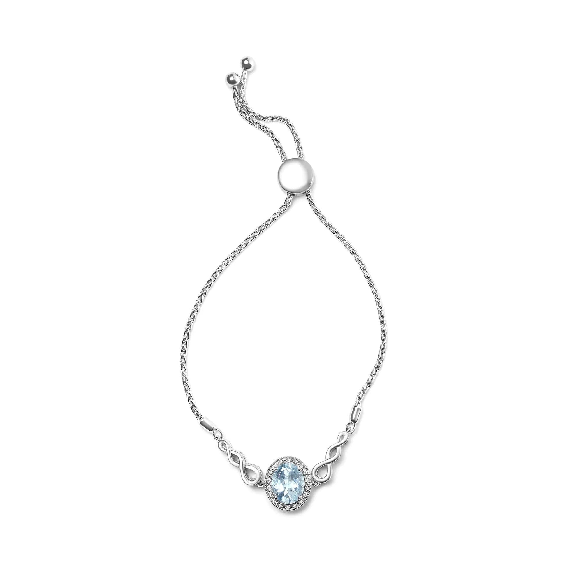 Bracelet Bolo Réglable en Argent Sterling .925 avec Topaze Bleue Ovale de 10x8mm et Diamants Accent, Lariat de 4” à 10” (Couleur H-I, Clarté SI1-SI2) WEM Support (www.WEM.support)