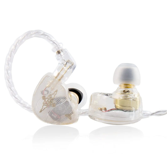 Clear in-ear monitors headphones with a 0.78 detachable cable and a metallic structure visible through the transparent design.