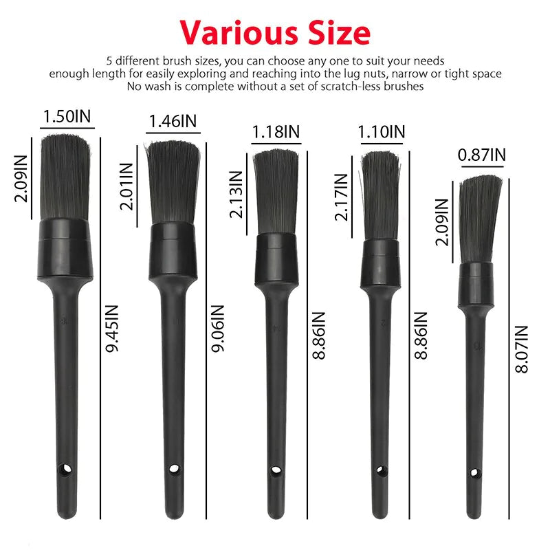 5PC Car Detailing Brush Kit Boar Hair Vehicle Auto Interior For Wheel Clean Sets WEM Support (www.WEM.support)
