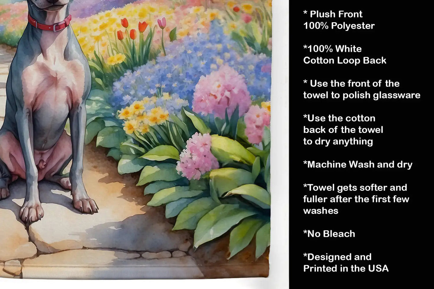 American Hairless Terrier Spring Garden Kitchen Towel WEM Support (www.WEM.support)