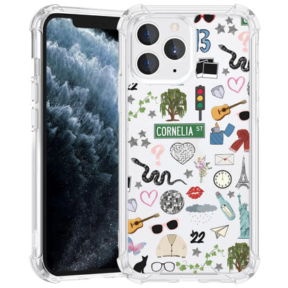 A clear TPU phone case with a cool queen aesthetic, featuring a collage of musical notes, hearts, and other symbols on the back. The case is designed for the iPhone 12 Pro Max.