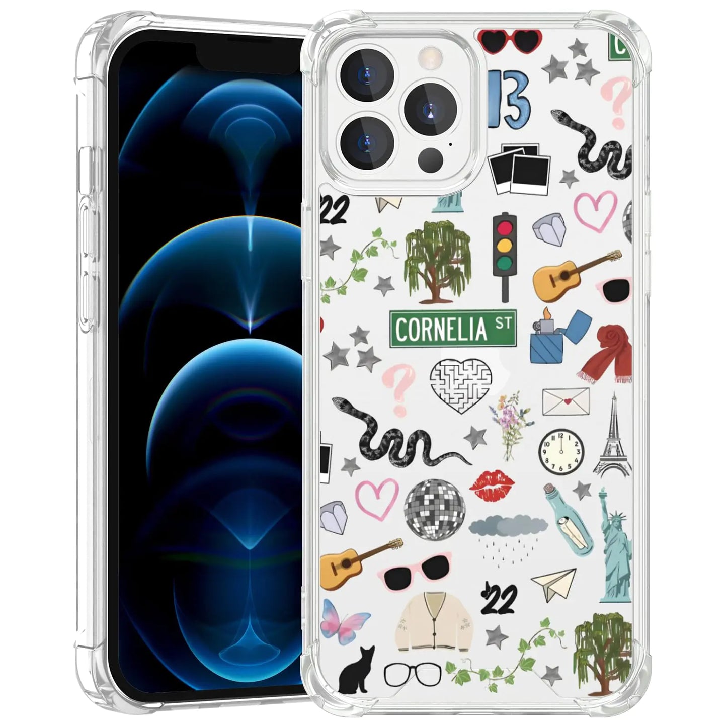 A clear TPU phone case with a cool queen aesthetic, featuring a collage of musical notes, hearts, and other symbols on the back. The case is designed for the iPhone 12 Pro Max.