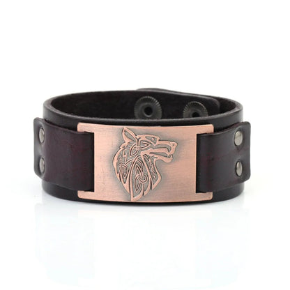 Vintage Wide Leather Woven Wolf Head Bracelet WEM Support (www.WEM.support)