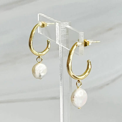 Dangle Pearl Gold Hoop Earrings WEM Support (www.WEM.support)