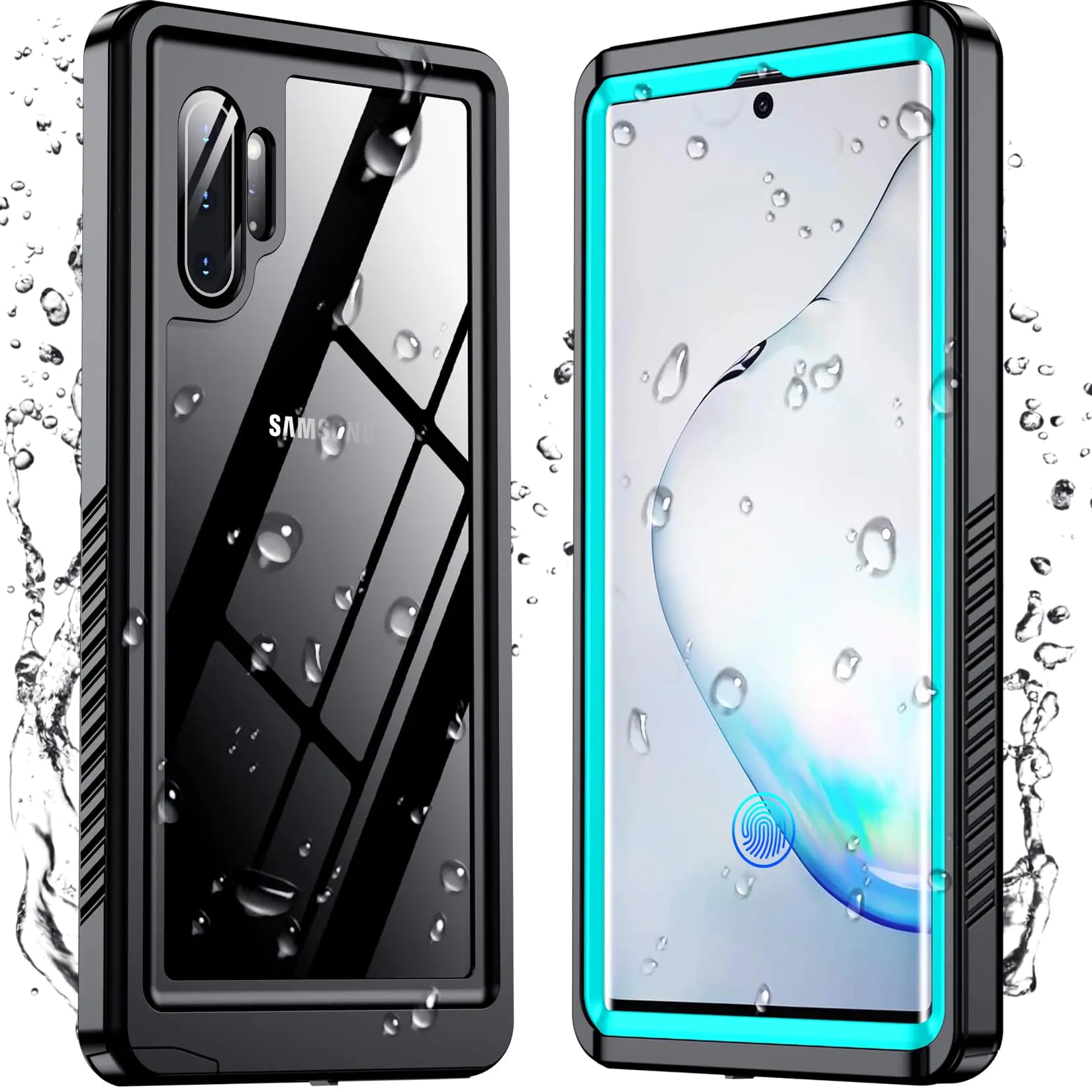 A clear protective case for Samsung Galaxy S23 with water droplets on it, showcasing its waterproof feature.