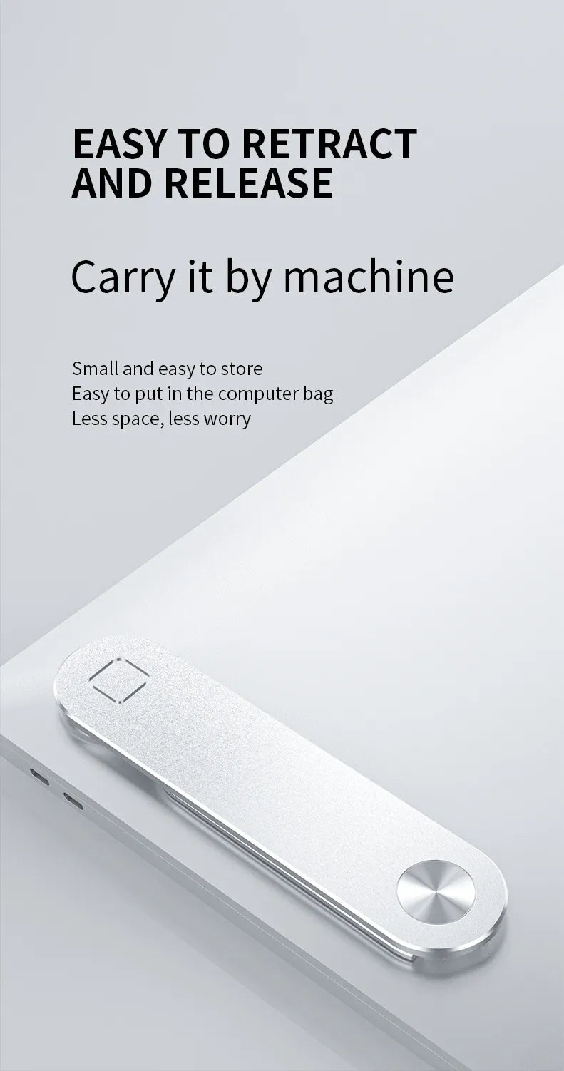 A silver laptop phone holder with a magnetic connection, capable of being retracted and released easily. It's shown in a folded position next to a laptop.