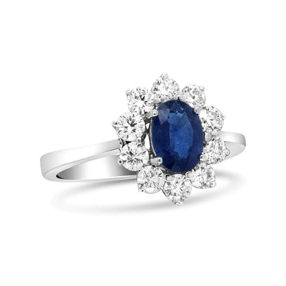 18K White Gold 7x5 mm Oval Cut Blue Sapphire and Round Diamond 3/4 Cttw Sunburst Halo Ring (F-G Color, VS1-VS2 Clarity) WEM Support (www.WEM.support)