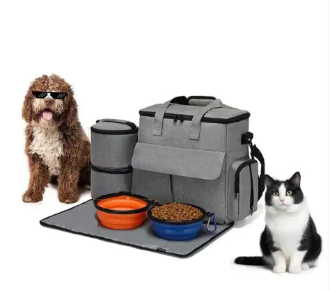 A pet travel bag set displayed with its components including a carrier, bowls, and a training bag, accompanied by a dog and a cat.