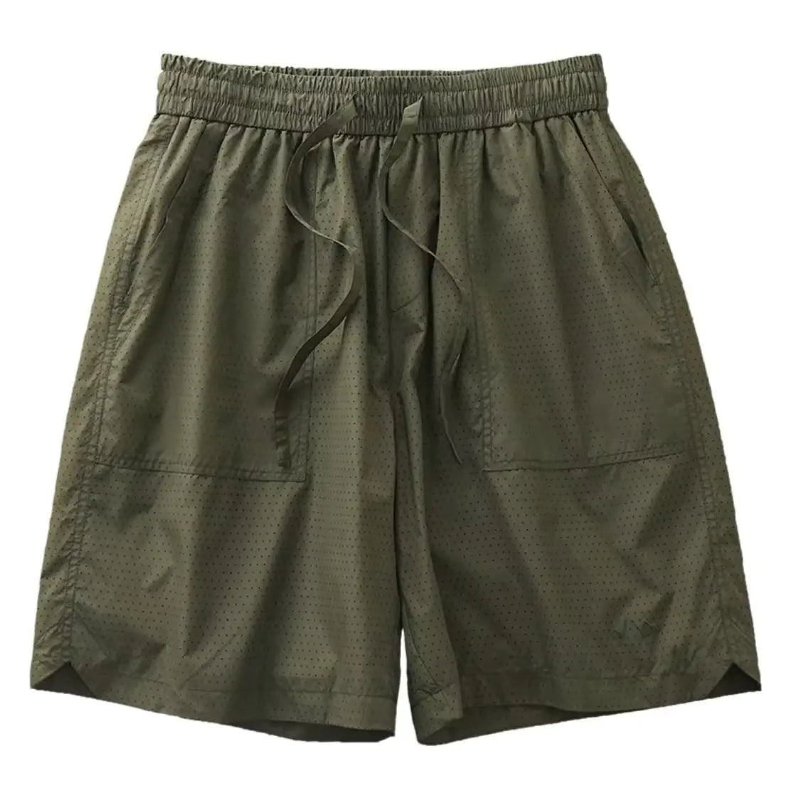 A pair of creamy white, knee-length men's summer sports shorts with a casual waistband and straight cut.