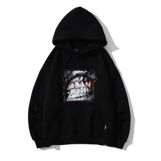 Black hooded pullover with a graphic print in the front.