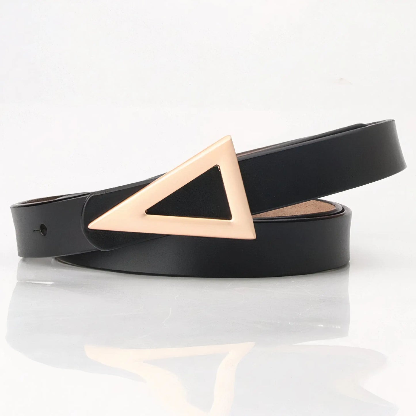 A brown belt with a gold triangular buckle.
