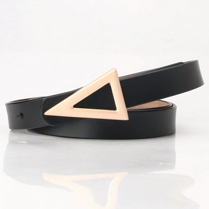 A brown belt with a gold triangular buckle.