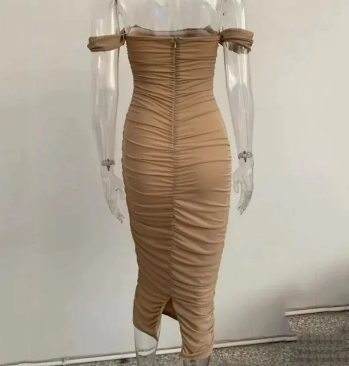 Tube top off shoulder pleated slit dress HejK.com