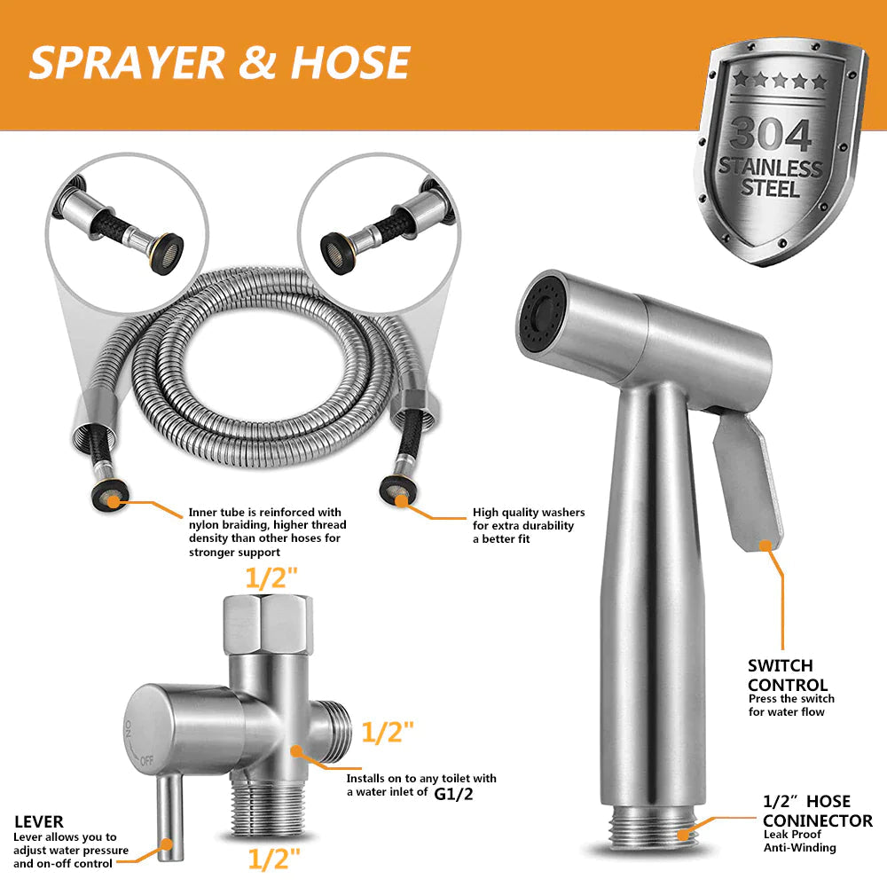 Toilet Shattaf Adapter Hose Bidet Spray Stainless Steel Handheld Shower Head US WEM Support (www.WEM.support)