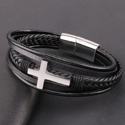 Men's Retro Braided Leather & Steel Bracelet