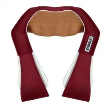 U-shaped shiatsu massager with infrared heating, featuring beige and orange colors with a remote control on the right side.