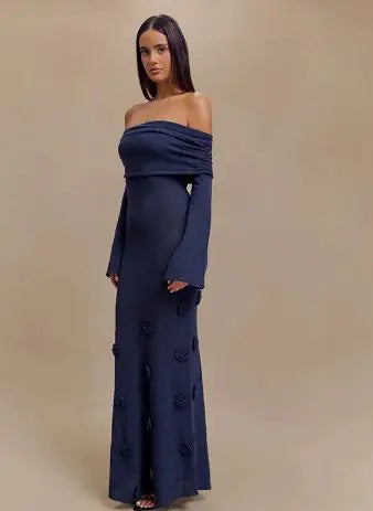 Off Shoulder Knit Rose Maxi Dress WEM Support (www.WEM.support)