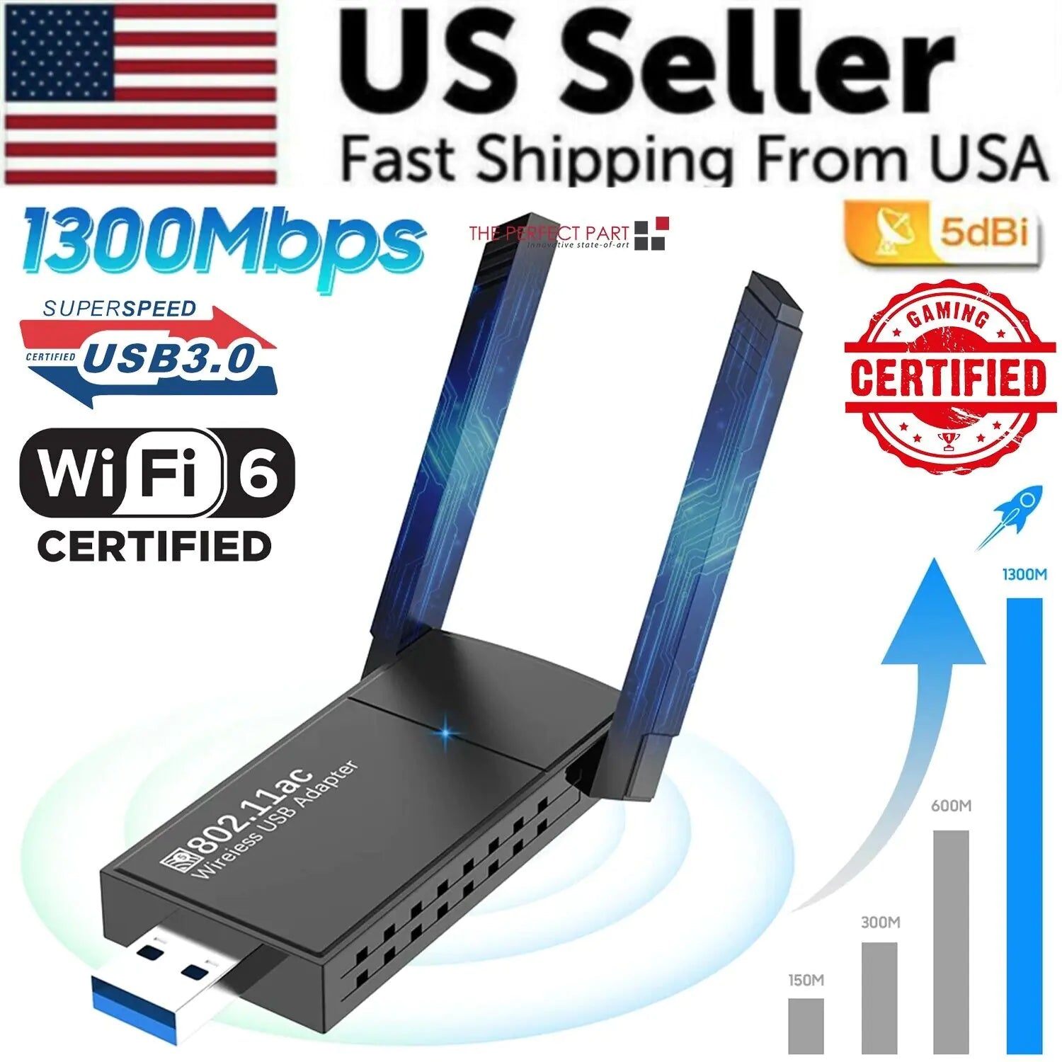 USB 3.0 Wireless WIFI Adapter 1300Mbps Long Range Dongle Dual Band 5Ghz Network WEM Support (www.WEM.support)
