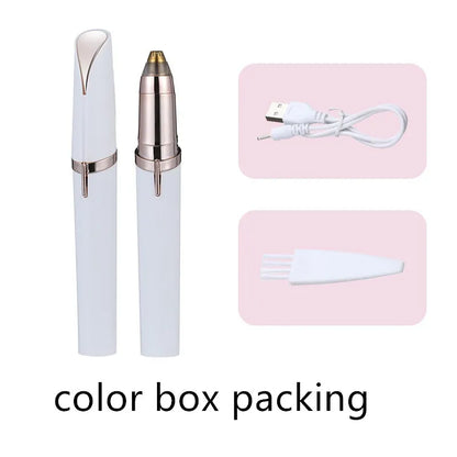 USB electric trimmer with white body and silver accents, displayed alongside a USB charging cable and a color box packing label.