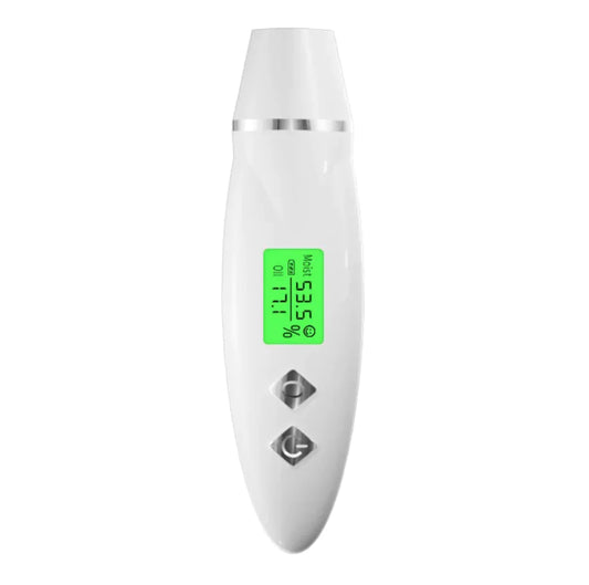 A USB rechargeable skin detector with a digital display and two buttons, predominantly white in color.