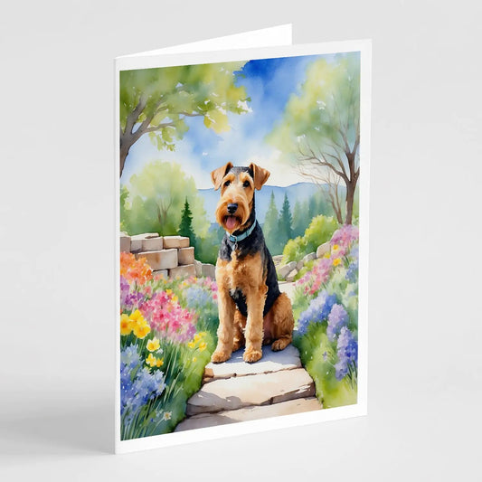 Airedale Terrier Spring Garden Greeting Cards Pack of 8 WEM Support (www.WEM.support)