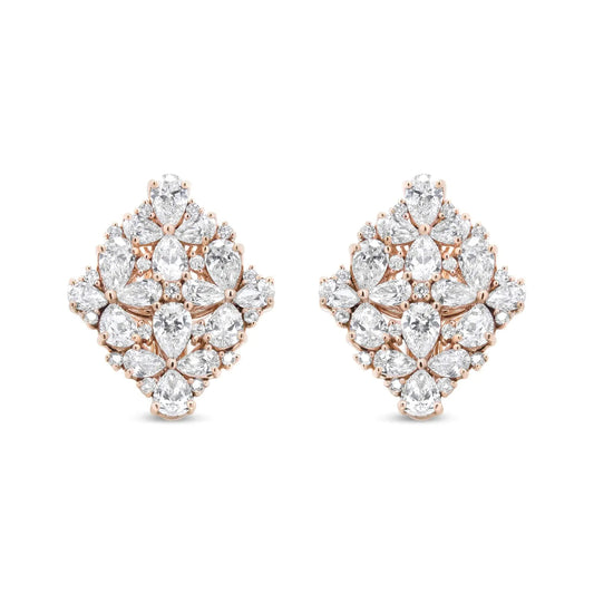 18K Rose Gold 8 1/3 Cttw Pear and Round Diamond Floral Cluster Omega Earrings (F-G Color, VS1-VS2 Clarity) WEM Support (www.WEM.support)