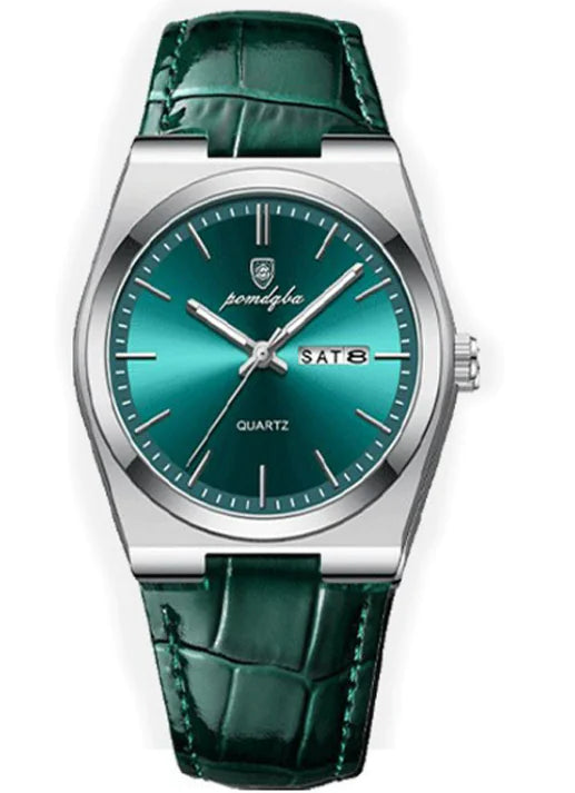 A green Ultra-thin Waterproof Luminous Quartz Watch with a silver stainless steel case and a green leather strap.