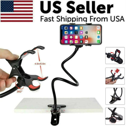 Universal Lazy Mobile Phone Gooseneck Stand Holder Flexible Bed Desk Table Clip WEM Support (www.WEM.support)