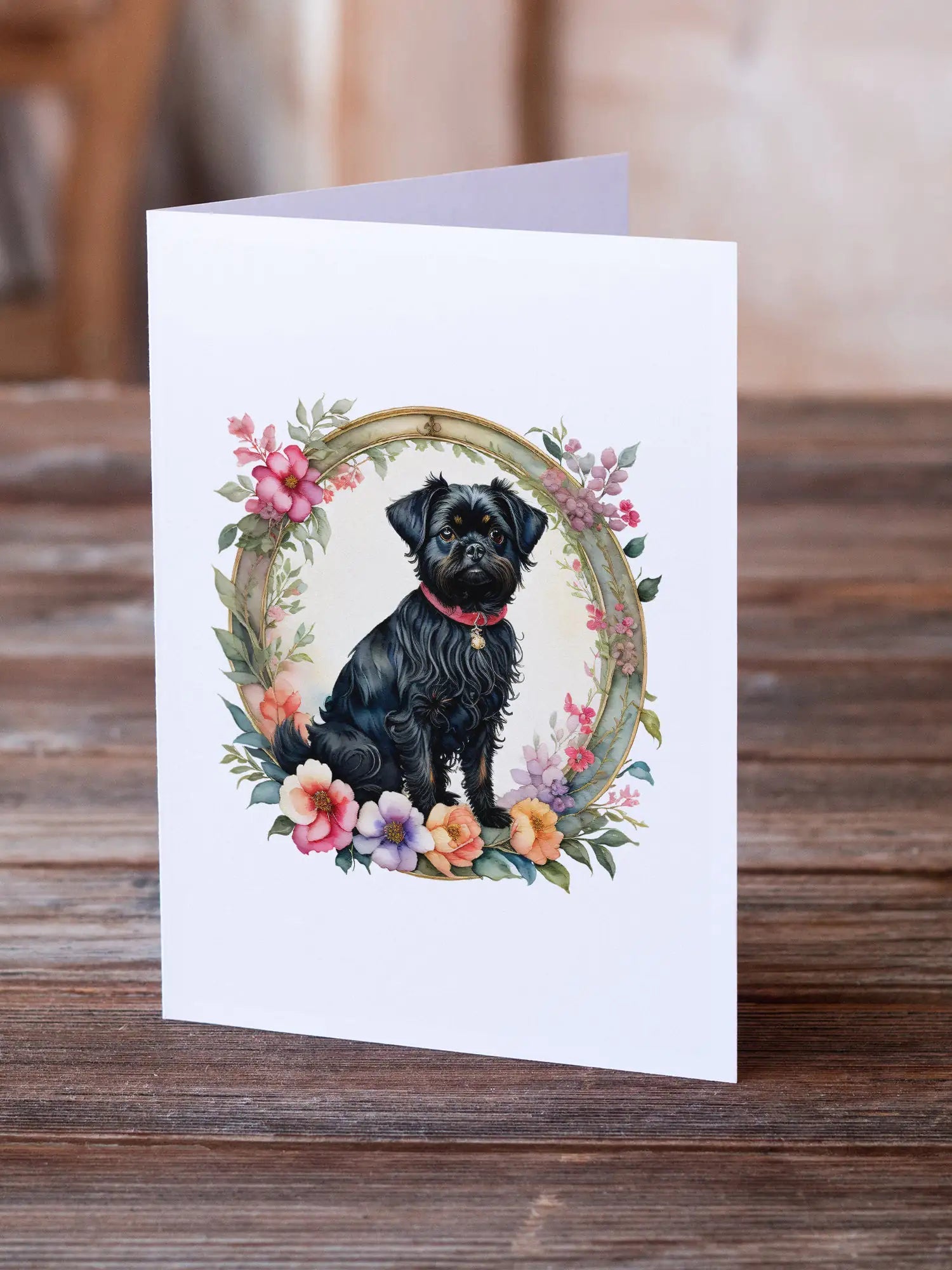 Affenpinscher and Flowers Greeting Cards Pack of 8 WEM Support (www.WEM.support)
