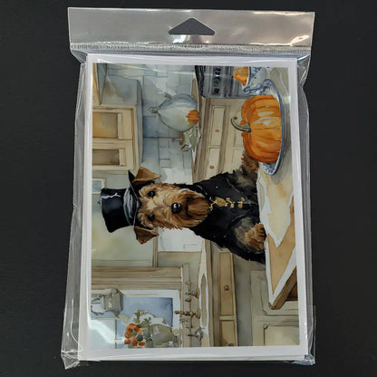 Airedale Terrier Fall Kitchen Pumpkins Greeting Cards Pack of 8 WEM Support (www.WEM.support)