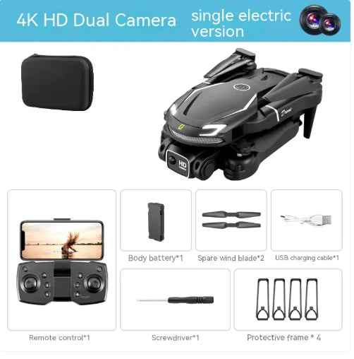 The image shows a 4K HD dual camera drone in a single electric version with its accessories, including a remote control, spare blades, a USB charging cable, and a protective frame.