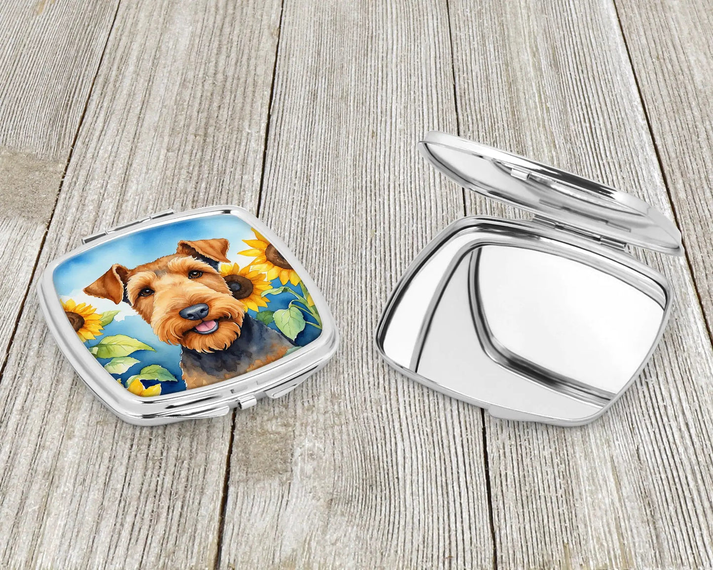 Airedale Terrier in Sunflowers Compact Mirror WEM Support (www.WEM.support)