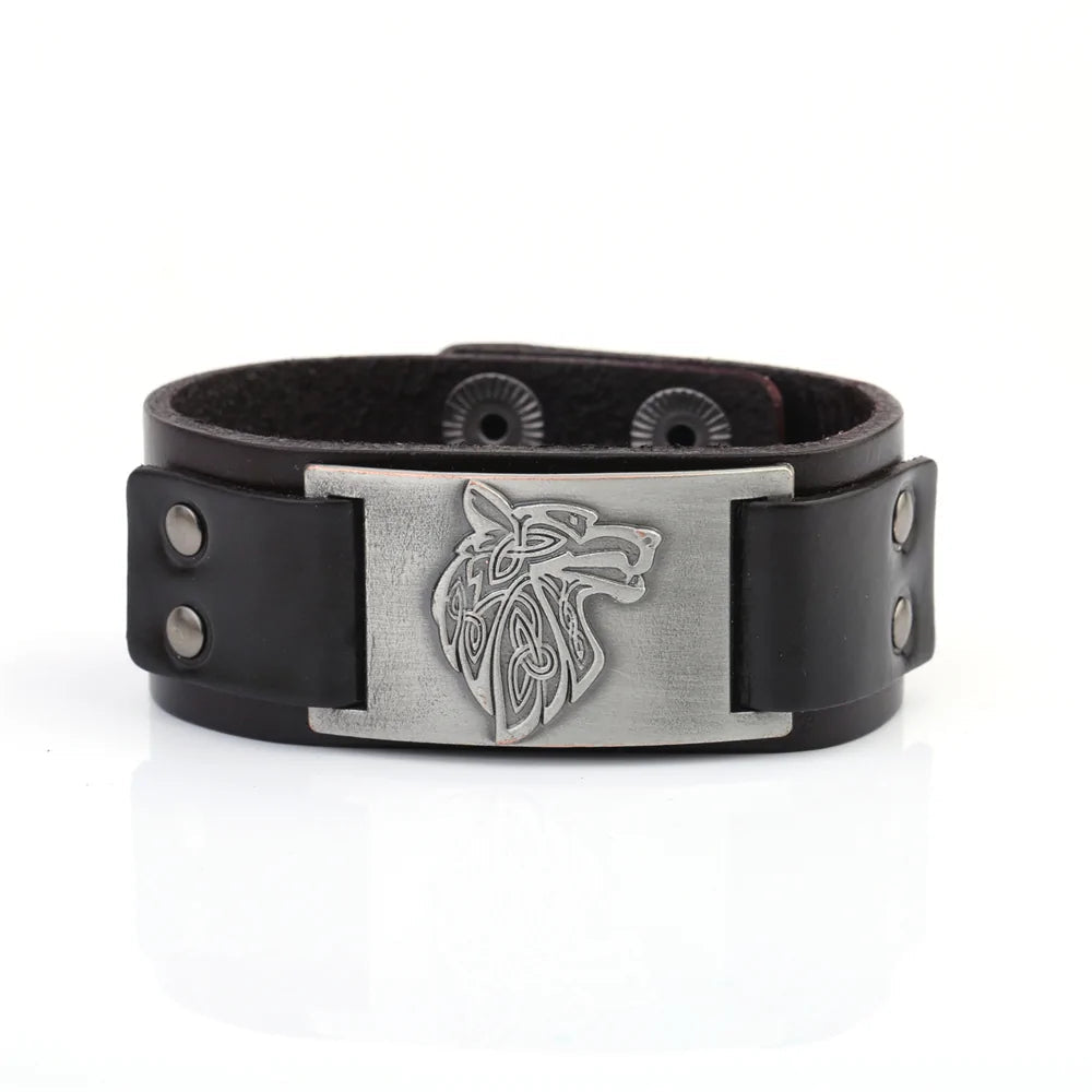 Vintage Wide Leather Woven Wolf Head Bracelet WEM Support (www.WEM.support)