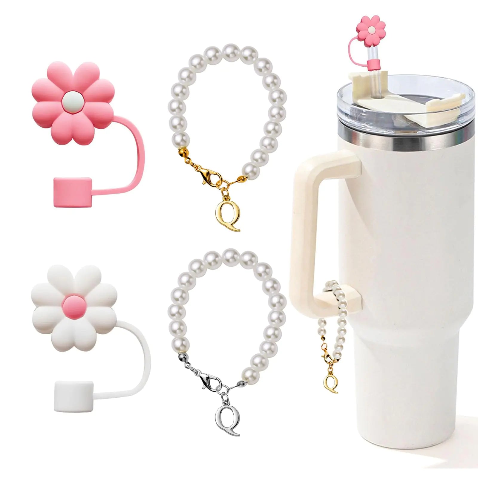 LUHOHI 4pcs Encantos para la Copa Stanley, Accesorios de Cadena de Perlas con Iniciales para el Asa y 2pcs Fundas para Pajillas Decoración de Botella de Agua Joyería Vaso Decoraciones Personalizadas ID Q HejK.com