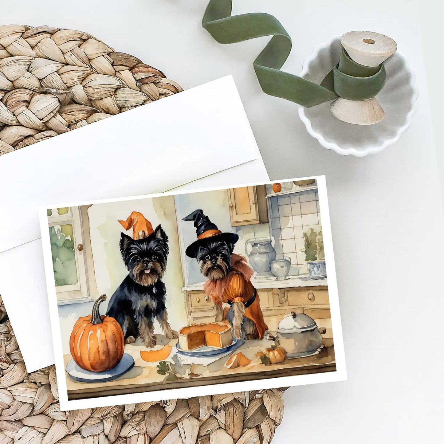 Affenpinscher Fall Kitchen Pumpkins Greeting Cards Pack of 8 WEM Support (www.WEM.support)