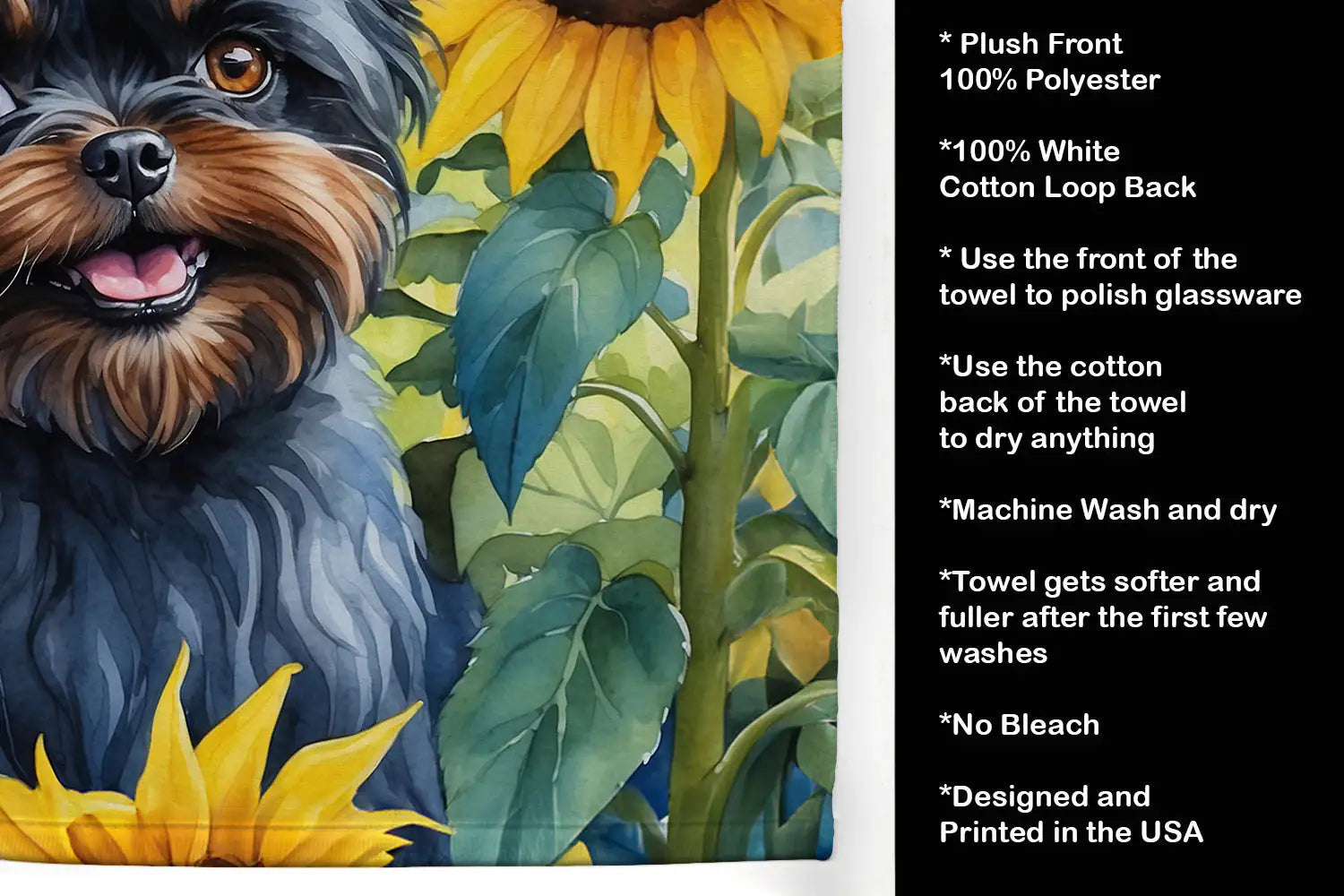 Affenpinscher in Sunflowers Kitchen Towel WEM Support (www.WEM.support)