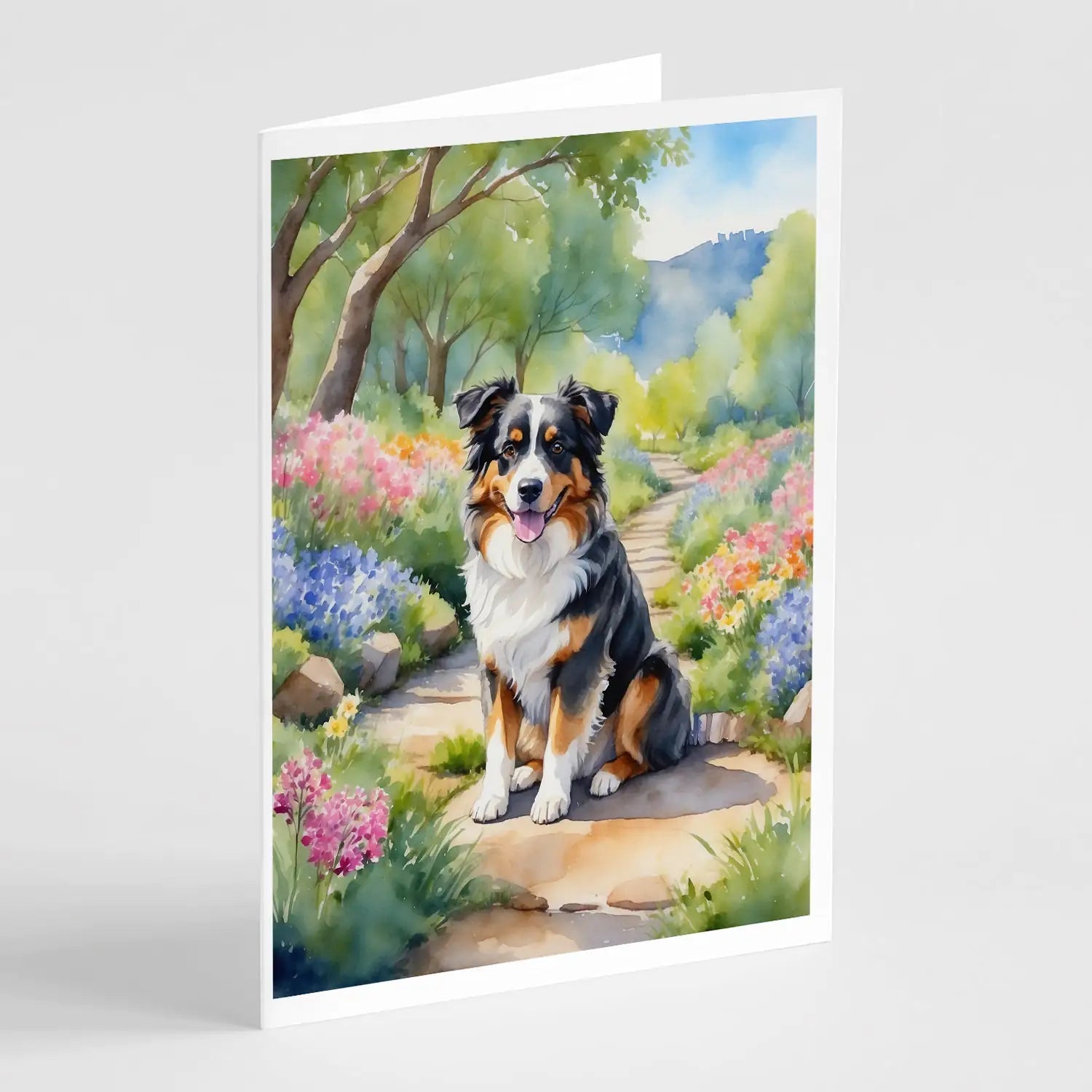 Australian Shepherd Spring Garden Greeting Cards Pack of 8 WEM Support (www.WEM.support)