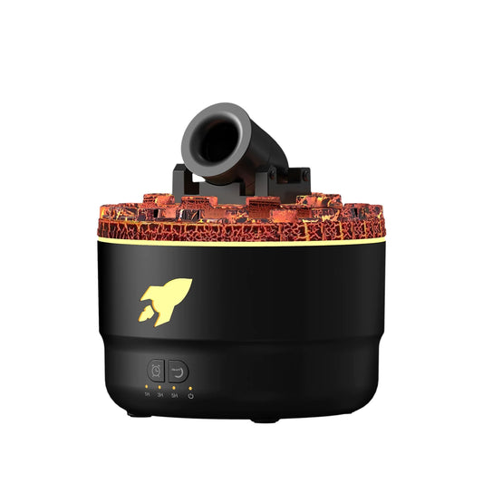 A black and yellow essential oil diffuser with a volcanic crack design and LED lighting at the top.