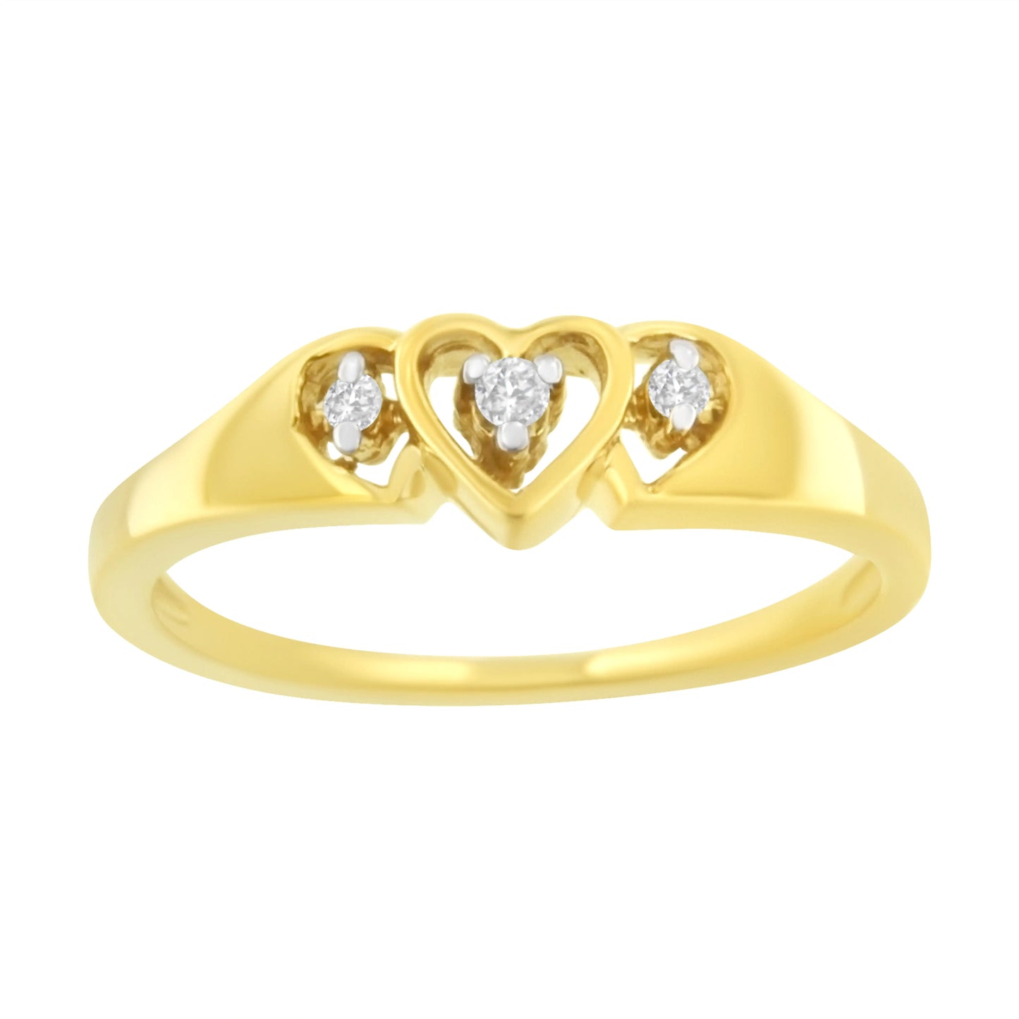 Anel de Diamante Triplo Coração em Ouro Amarelo 10KT com 1/20 cttw (K-L, I1-I2) WEM Support (www.WEM.support)