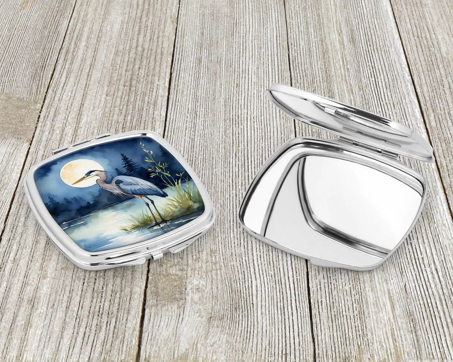 Blue Heron Under the Moonlight Compact Mirror WEM Support (www.WEM.support)
