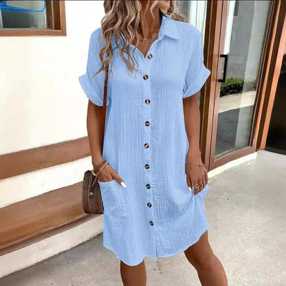 Summer Short Sleeve Shirt Dress Fashion Solid Color Single-breasted Mid-length Loose Dress WEM Support (www.WEM.support)