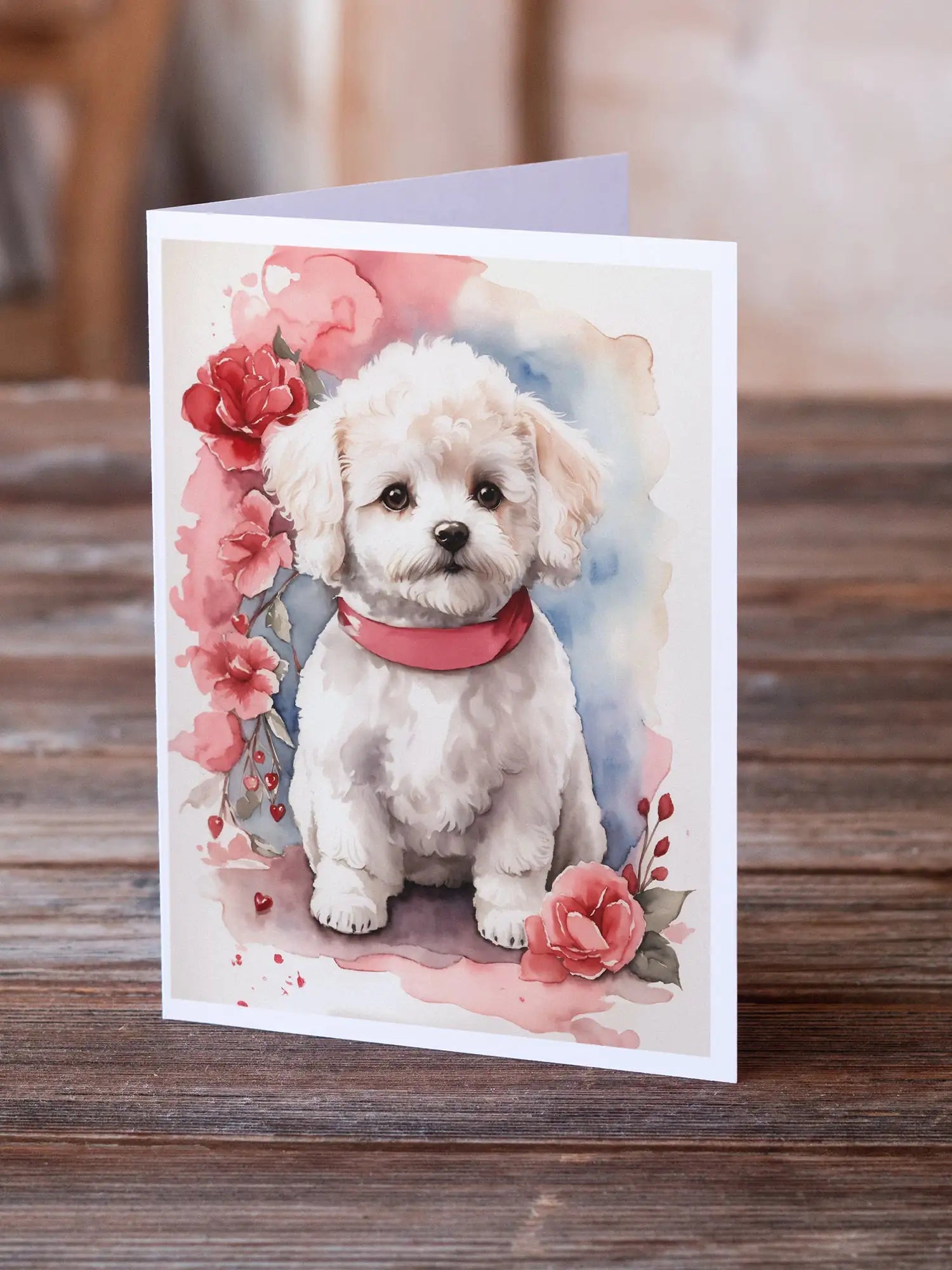 Bichon Frise Valentine Roses Greeting Cards Pack of 8 WEM Support (www.WEM.support)