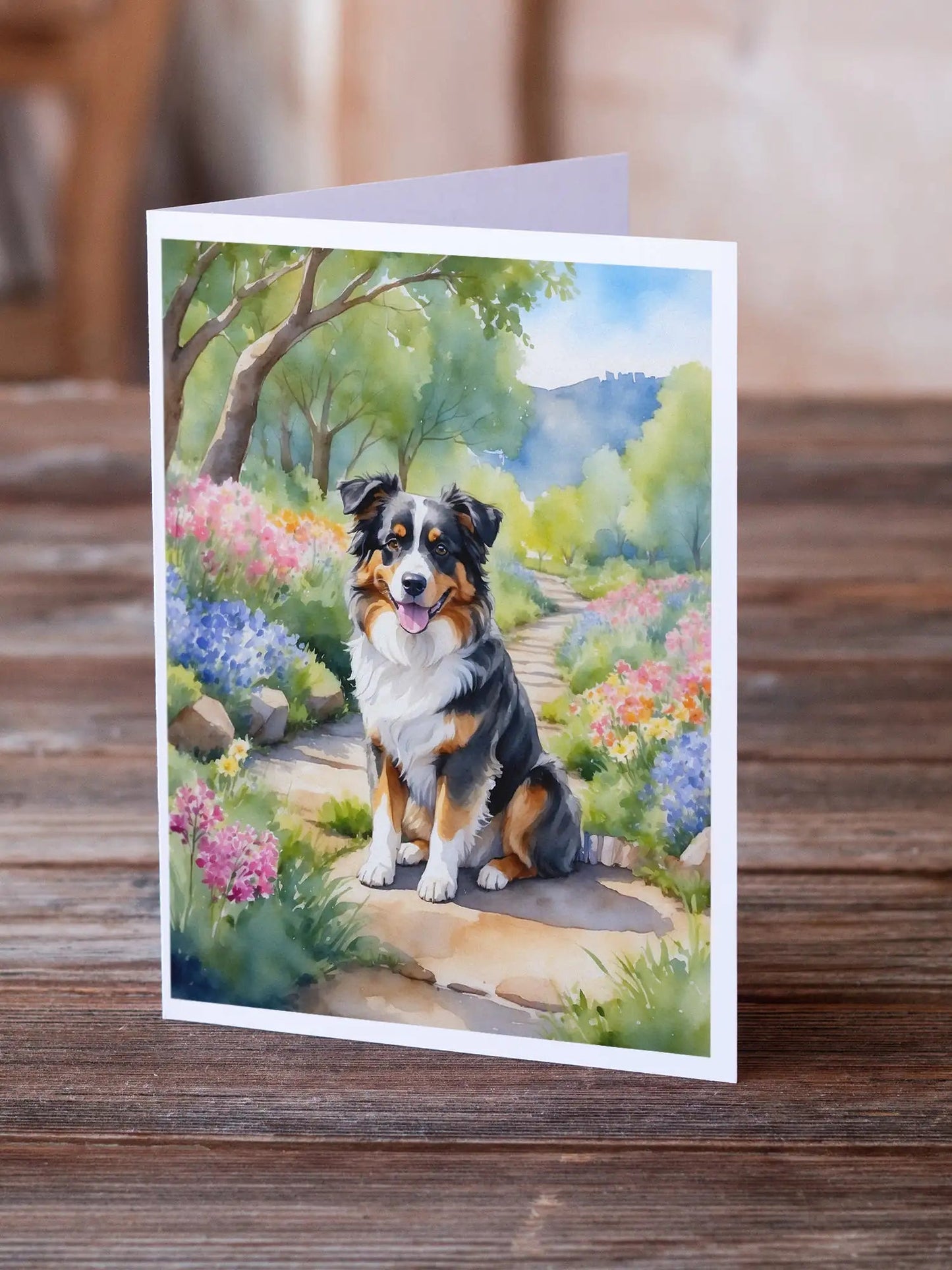 Australian Shepherd Spring Garden Greeting Cards Pack of 8 WEM Support (www.WEM.support)