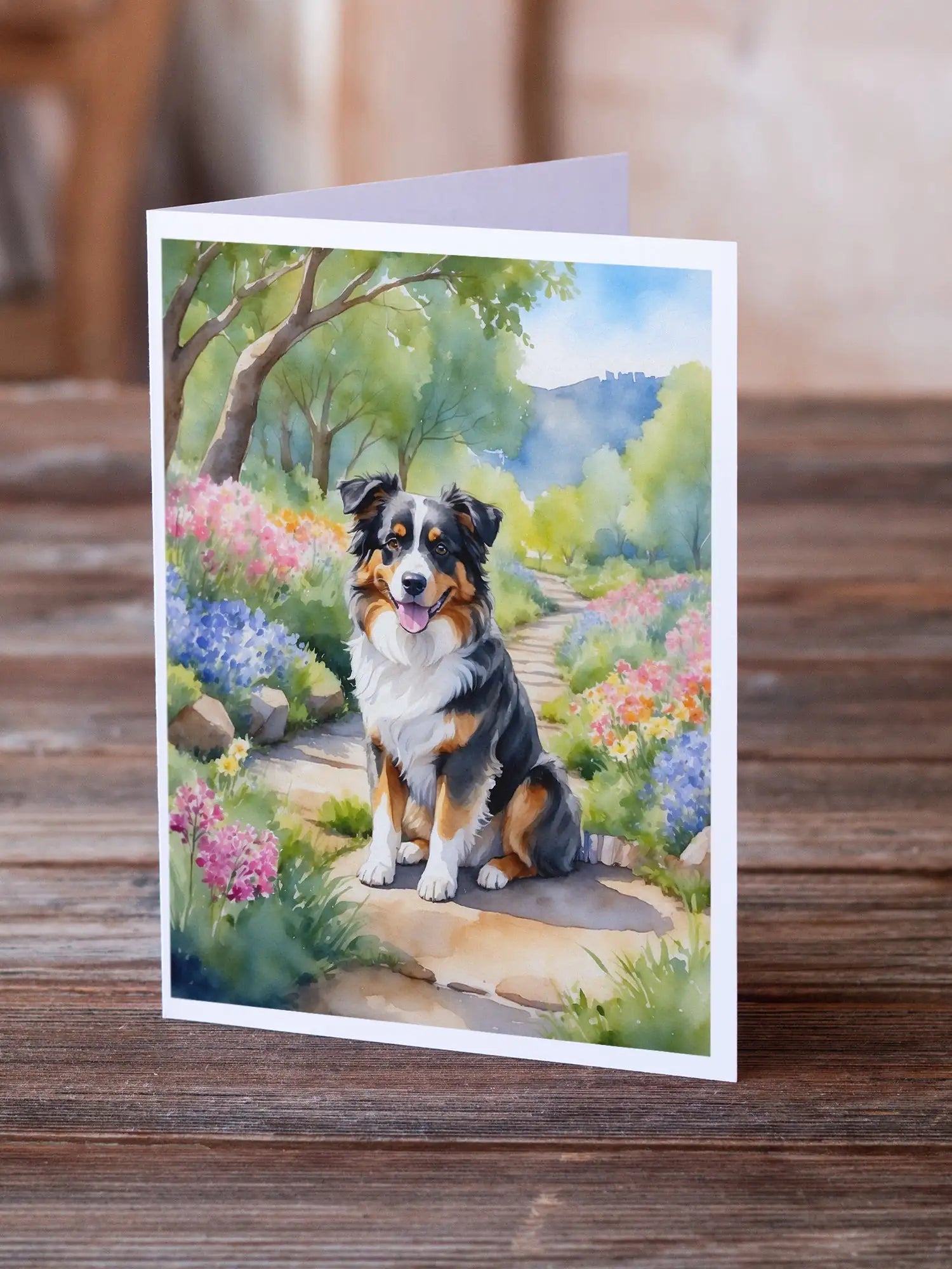 Australian Shepherd Spring Garden Greeting Cards Pack of 8 WEM Support (www.WEM.support)