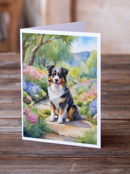 Australian Shepherd Spring Garden Greeting Cards Pack of 8 WEM Support (www.WEM.support)