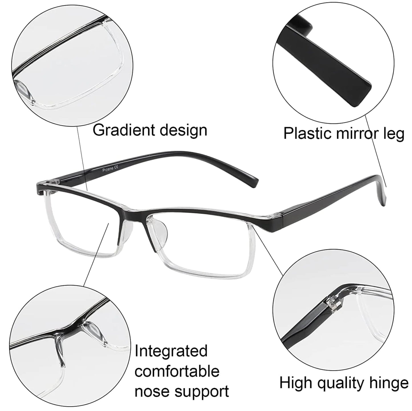4 Pack Reading Glasses Readers Men Women Square Frame Spring Hinge Unisex Pairs WEM Support (www.WEM.support)