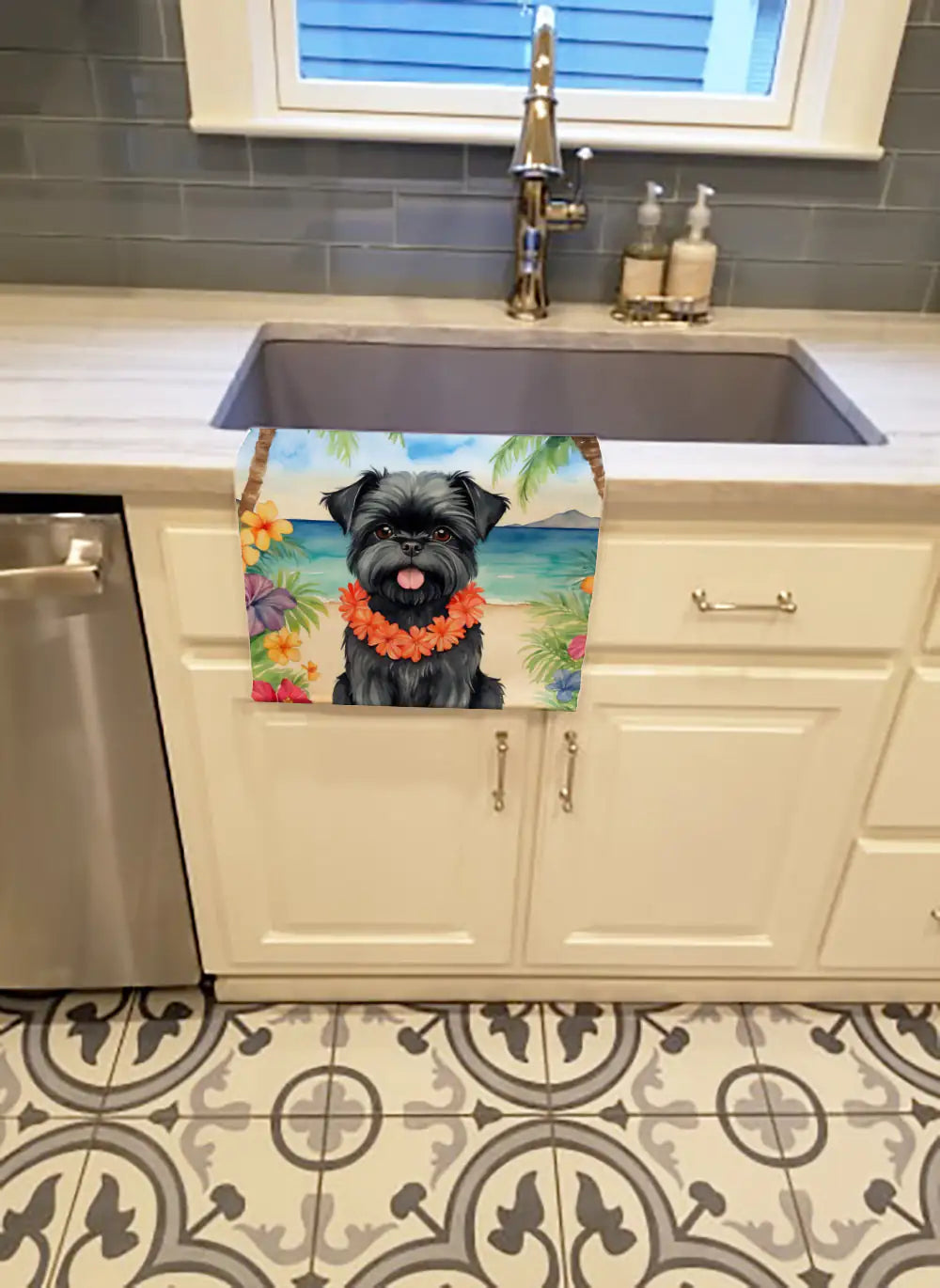 Affenpinscher Luau Kitchen Towel WEM Support (www.WEM.support)