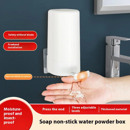 A white wall-mounted soap grinder dispenser with three adjustable levels to reduce waste, displayed in a collage format with illustrations of its features and installation by a hand adjusting the settings.