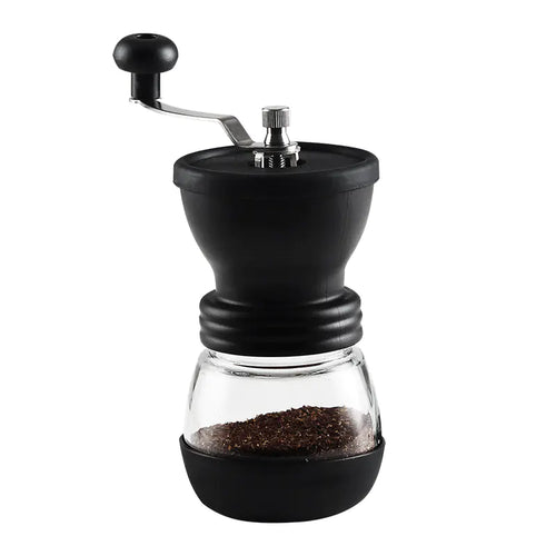 A black ceramic manual coffee grinder with a glass drawer, stainless steel handle, and beech wood body.