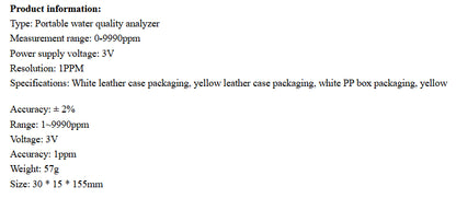 Product information for a portable water quality analyzer, including measurement range, power supply voltage, accuracy, and dimensions.